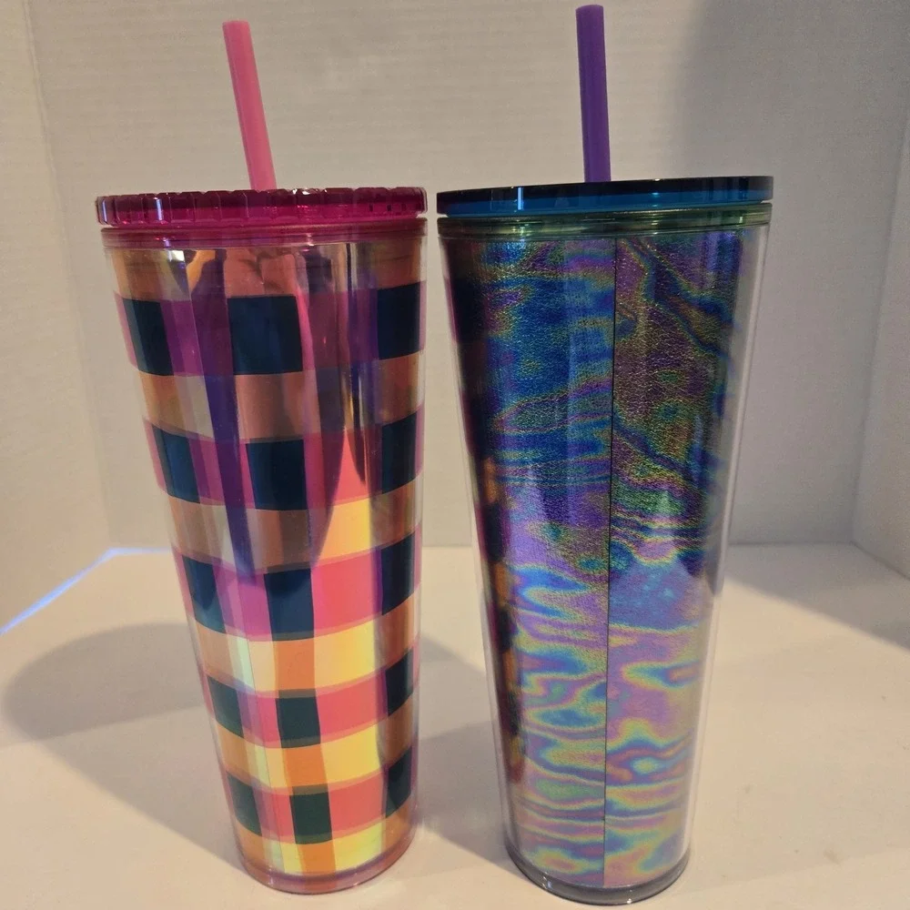 2 New! Starbucks 24oz Tumblers Pink‎ Stripe & Multi Color Cold Only With Straws